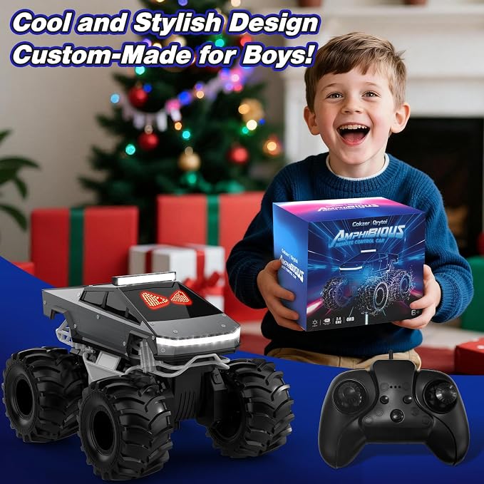 Remote Control Car with LED Dynamic Eyes, 1:18 Amphibious RC Cars, 4WD All Terrain Pickup, 2.4GHz Waterproof Cyber Truck, 360° Rotatable Monster Truck Toys for Boys Birthday Gifts Age 6 7 8 9+(Grey)