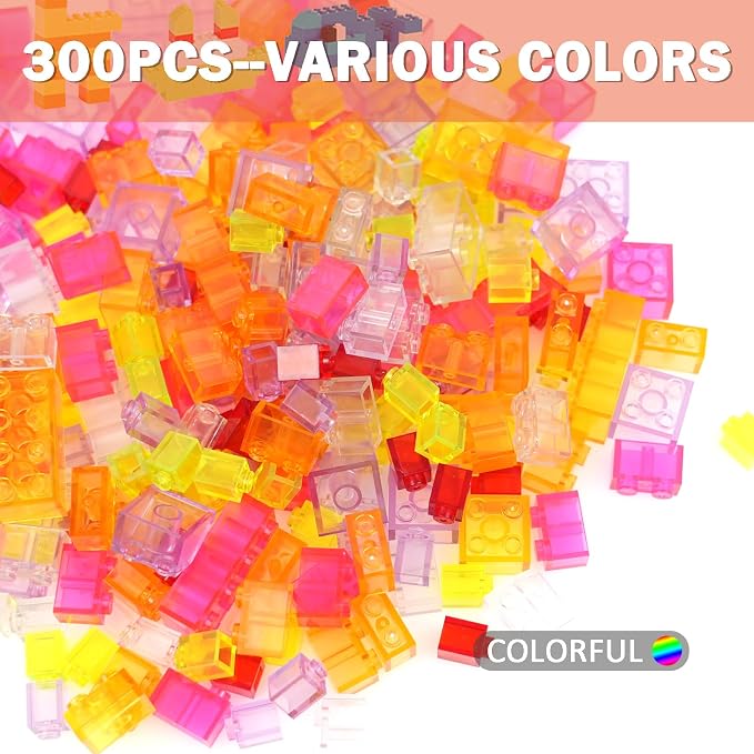 Classic Transparent Clear Bulk Bricks, 300 Pieces Parts Pack Creative Blocks Box Blocks Set for Girls in Random Color - Mixed Shape