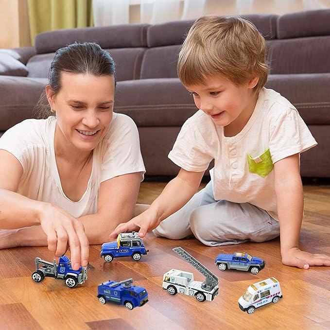 BenRich 6Pcs Mini Die Cast Car 1/64 Scale Alloy Metal Model Vehicle Set - Ladder, Water Tower, Ambulance, Police Patrol Car & Transport Truck, Patrol - Toys for Kids Boys Girls Birthday Xmas Present
