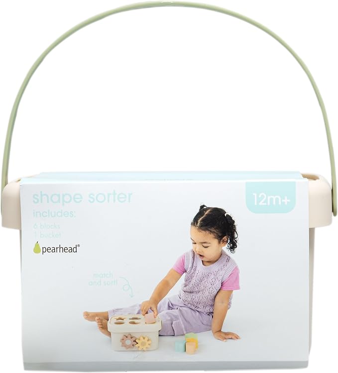 Pearhead Shape Sorter Toy – FSC-Certified Bucket with Carry Handle, 6 Colorful Wooden Blocks, Montessori Fine Motor & Color Recognition, Gender-Neutral Newborn Gift, 1 2 3 Year Old