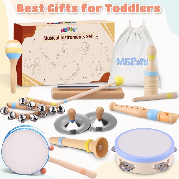Baby Musical Instruments for Toddlers 1–3, Montessori Wooden Music Set with Drum Flute Clarinet Bells Cymbals, Toddler Musical Instruments Educational Kids Toys Birthday Gifts for Boys Girls