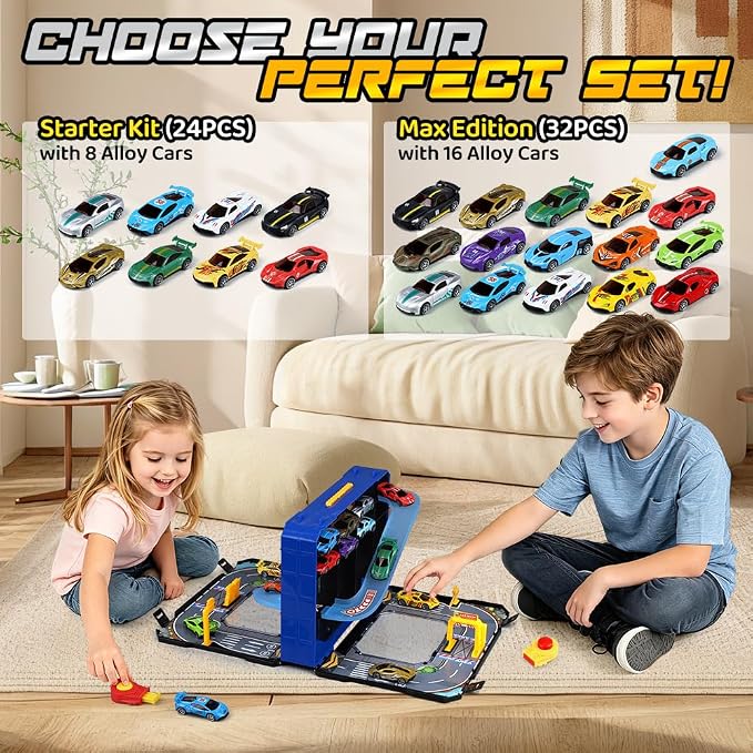 Drefirsa 32 in 1 Race Car Track Set, Toy Cars for Boys Age 3-5 4-7 | 16pcs Diecast Alloy Vehicle,1:64 Scale, 2 Launchers, Race Track, Portable Storage Case for Travel, Gift for 3 4 5 6 Year Boy