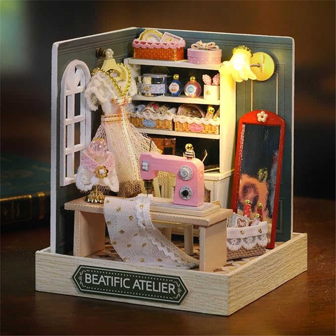 Kisoy Dollhouse Miniature with Furniture Kit, DIY 3D Wooden DIY House Kit with Dust Cover,Handmade Tiny House Toys for Teens Adults Gift (Beatific Atelier)