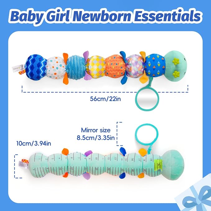 Baby Toys 0-6 Month, Musical Caterpillar Rattle, Infants Sensory Toy with Mirror Crinkle Textures, Newborn Developmental Tummy Time Stuffed Plush Animal toys for Babies Boys Girls 3-6-12 Months (Blue)