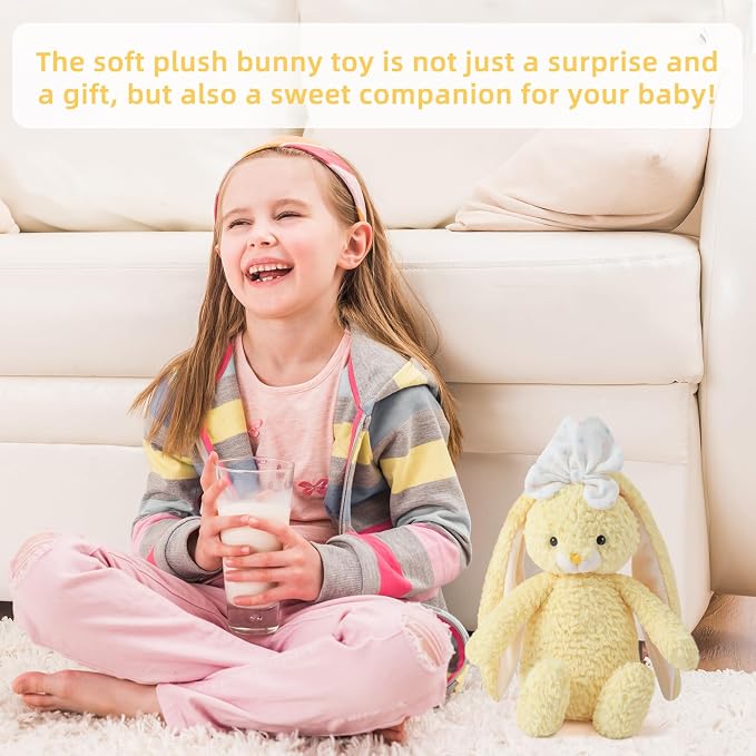 Bunny Stuffed Animal Soft Rabbit Cuddly Toy 8'' Long - Eared Plush Bunny with White Bow Plush Toys for Babies and Toddlers