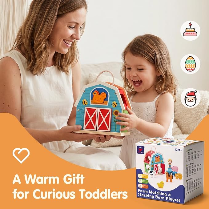 hahaland Wooden Montessori Toys for 1 Year Old, Farm Animals Barn for Toddlers 1-3 Shape Sorter Stacking Learning Toy for 1 2 3 Year Old Boys Girls Educational Toy Christmas Birthday Gift