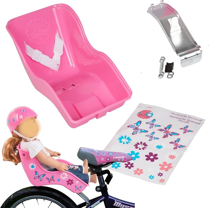 Ride Along Dolly Doll Bicycle Seat - Fits 18-22 inch Dolls & Stuffed Animals - Pink Bike Seat Attachment for Kids' Bicycles with DIY Decorate Yourself Decals - Universal Fit Girls Bike Accessory