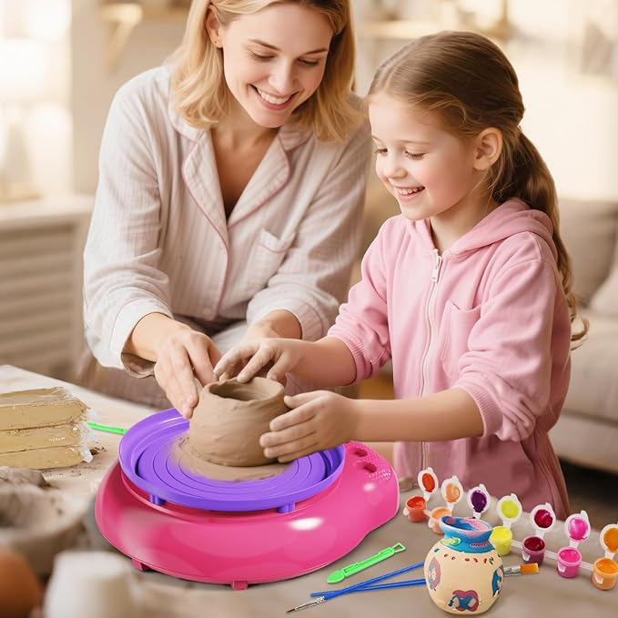Vinkp Pottery Wheel for Kids - Complete Pottery Painting Kit Arts and Crafts for Kids Ages 8-12 with Air Dry Clay Art Supplies for Girls Boys Toys Birthday Gifts for 6 7 8 9 10 11 12 - Pink