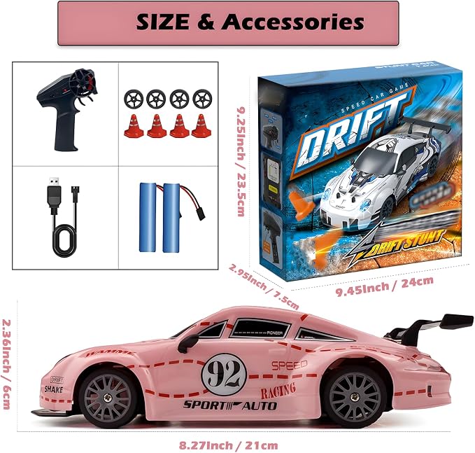 HTURCCOP RC Drift Car 2.4GHz 1:24 Scale 4WD High Speed Remote Control Cars Vehicle with LED Lights Two Batteries and Drifting Tires Racing Sport Toy Cars for Adults Boys Girls Kids Pink