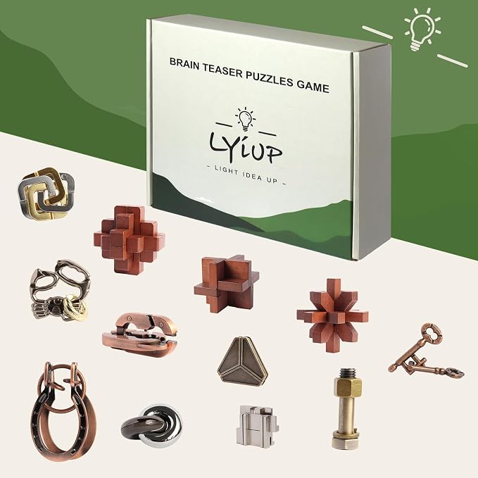 12pcs Puzzles Toys Wooden Metal Brain Teaser Puzzles Game for Adults Kids Desk Toy Lock Puzzles Gift for Teens