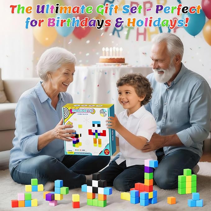 72pcs Magnetic Blocks for Kids, Magnetic Building Cubes for Toddlers 3-5, Preschool STEM Educational Sensory Montessori Square Toy for 3 4 5 6 Boys & Girls 72pcs