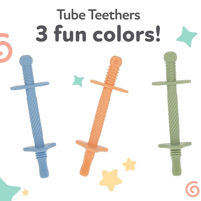 Nuby Sensory Silicone Tube Teethers - (3 Pack) Textured Infant and Baby Teether Toys - 3+ Months - Orange, Blue, and Green