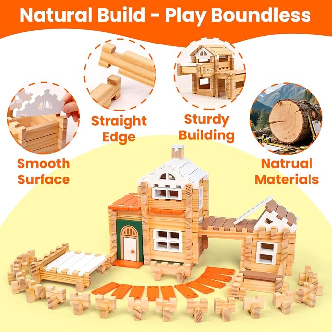 Jovi-mindly&Notchies New 206 PCS Wooden Blocks Wooden Toys with House and Car, Preschool Learning Toys Wood Blocks Building for Kids Ages 4-8 Creative Construction Game,Birthday Toys Gifts