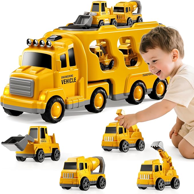 Construction Trucks Toys for 3 4 5 Years Old Boys - 5-in-1 Carrier Transport Vehicle Truck for Toddlers 3-4 Years with Crane, Mixer, Pushdozer and Excavator, Car Toys Birthdays Gift