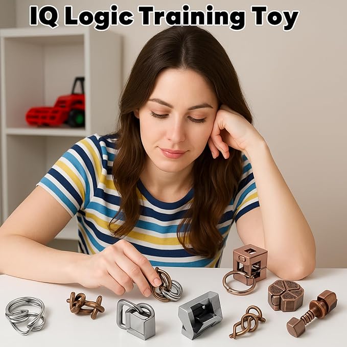 Wettarn 9 Pcs Metal Brain Teaser Puzzles 3D Steel Puzzle Set for Adults IQ Logic Challenge Disentanglement Unlock Interlocking Games Smart Logic Test Toys for Adults Mind Challenge(Diverting Style)