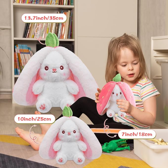 MIAODAM 13.7in Large Easter Bunny Stuffed Animal, Kawaii Squishy Cute Easter Bunny Plush Turn Into Rabbit Fruit Doll Strawberry, Christmas Plushies Funny Bunny Toy for Kid Gift for Girlfriend