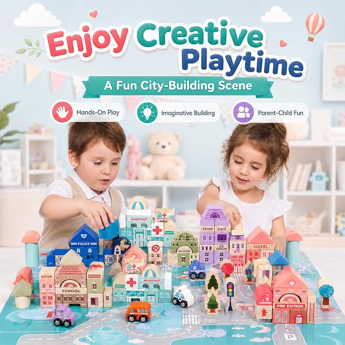 Migargle Wooden Building Blocks Set, 115 Pcs City Construction Stacker Stacking Preschool Learning Educational Toys, Toddler Toys for 3+ Year Old Boy and Girl Gifts