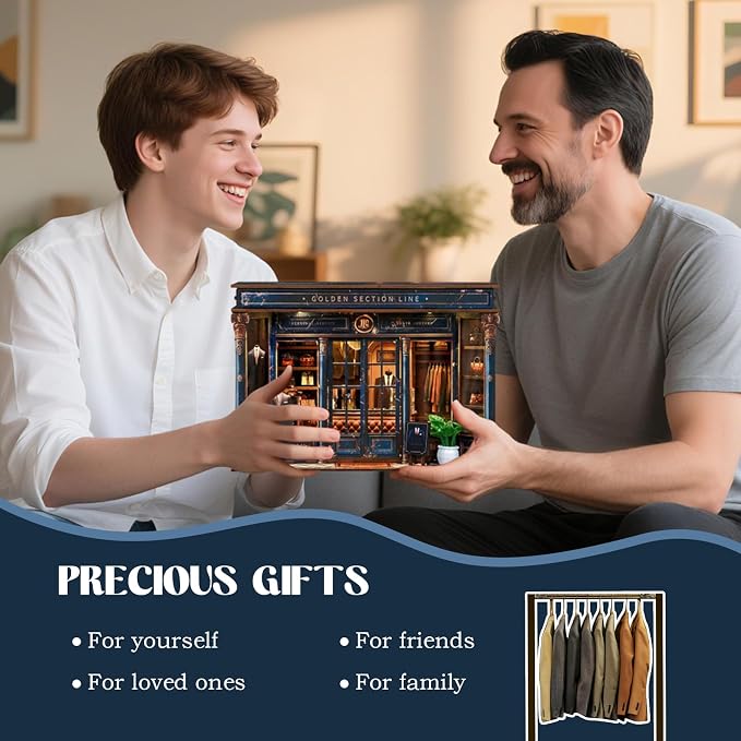 Book Nook Kit DIY Miniature Dollhouse Kit 3D Wooden Puzzles Gentleman's Clothing Store Tiny House Bookshelf Decor with LED, DIY Craft Gift for Adults Teens- Golden Section Line