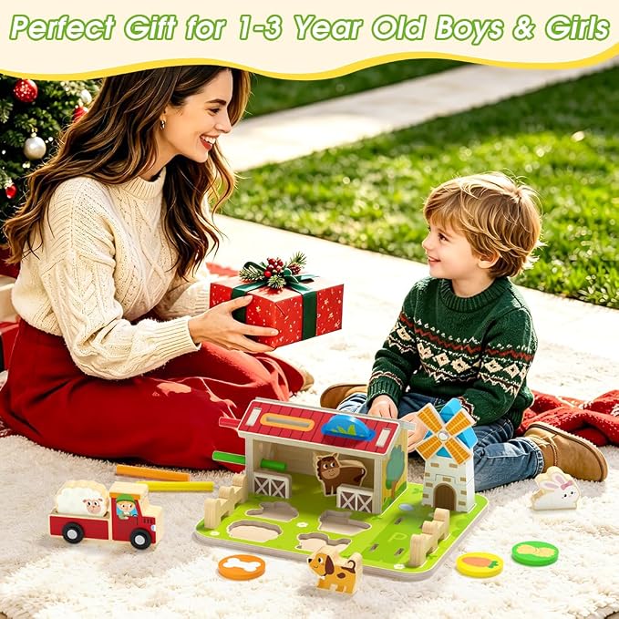Montessori Wooden Farm Toys for Toddlers 1-3, Coin Sorting Color Shape Animal Matching Fine Motor Skills Toy, Cognitive Learning Educational Sensory Toy for 1 2 3 Year Old Boys Girls, Birthday Gift