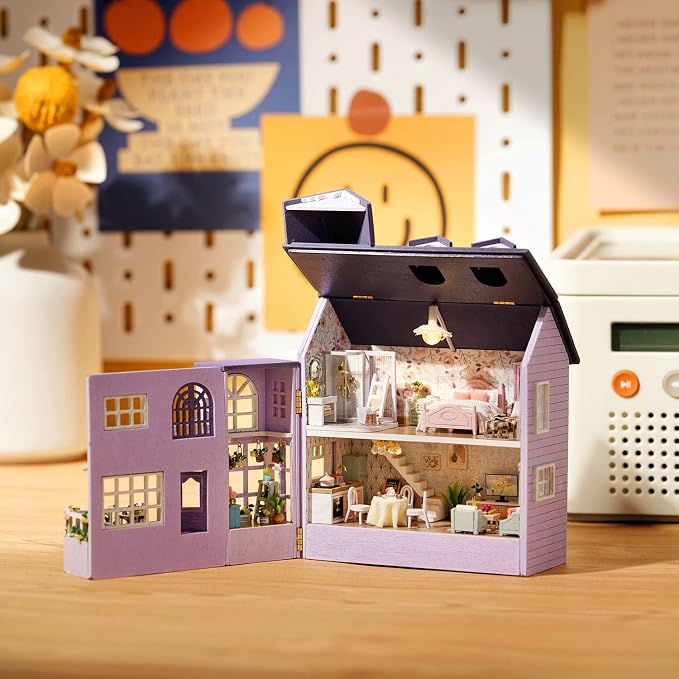 TuKIIE DIY Miniature Dollhouse Kit with Furniture, 1:32 Scale Creative Room Opened & Closed Mini Wooden Doll House for Kids Teens Adults(Happy House)