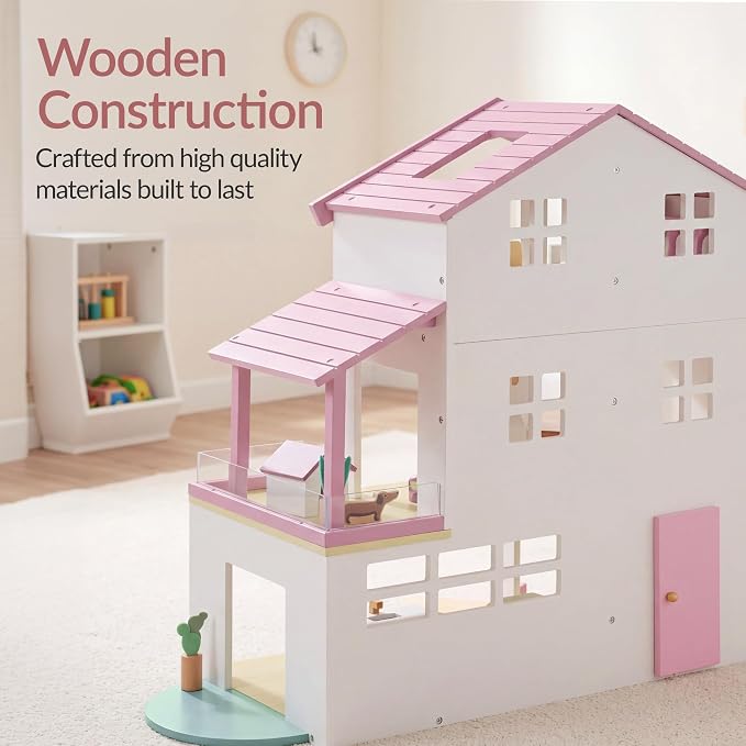 Best Choice Products Modern Wooden Dollhouse for Kids, 3-Story Doll House with 40 Furniture Accessories, Interactive Dollhouse Set with Dolls, Multi-Room Design for Girls & Boys - Pink