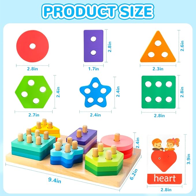 Shape Sorters for Toddlers 1-3 with 24-Piece Large Blocks & 12 Word Cards, Montessori Sensory Developmental Toy for Baby 12mo+, Wooden Stacking Puzzle Toy for 2-4 Year Old Kid Boy & Girl Birthday Gift