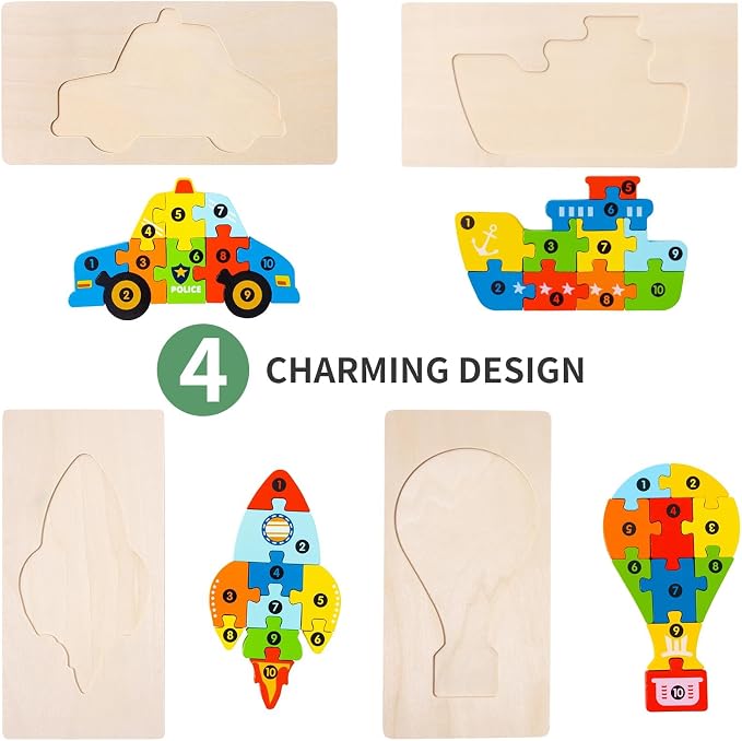 Wooden Puzzles for Toddlers Ages 3-5, 6 Pack Montessori Transportation Vehicle Toys with Numbers 1-10, Educational Preschool Learning Toy, Birthday Gift for 3 4 5 Year Old Boys & Girls (60 Pieces)