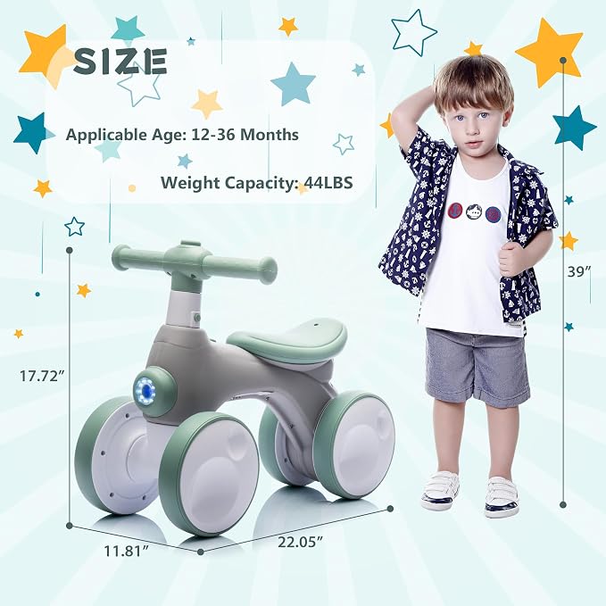 JoyRydz Baby Balance Bike 1 Year Old with Music, Lights, Bubble Machine, 4 Wheels Pedal-Less Toddler Ride on Toys for 12-36 Months Birthday Gift, Toddler boy Toys Ride on car (Green & Gray)