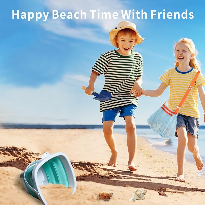 5 Pcs Sand Toys Beach Set Include 1 Metal Shovel,1 Metal Rake,1 Foldable Beach Bucket & 1 Sand Sifter with 1 Mesh Beach Bag for Shells Collecting