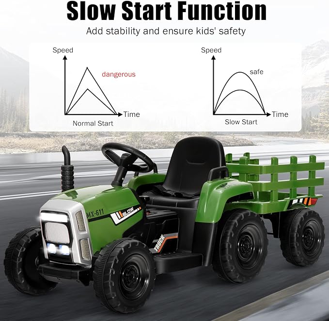 Costzon Ride on Tractor with Detachable Trailer, Kids' Electric Vehicles w/3-Gear-Shift Ground Loader, Wireless Design & USB, 7 LED Headlights, Remote Control Tractor Toy for Kids 3+ (12V, Dark Green)