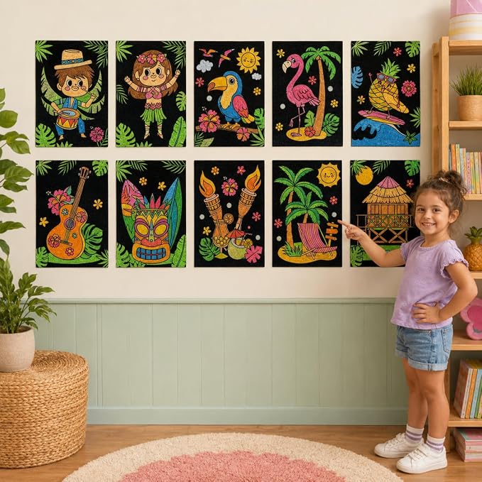 Cinrobiye 48 Pcs Hawaiian Velvet Coloring Posters Tropical Luau Fuzzy Felt Coloring Pages Bulk Craft Kit Flamingo Pineapple Tiki Ocean Party Supplies Aloha Beach Classroom Living Art Activity Set