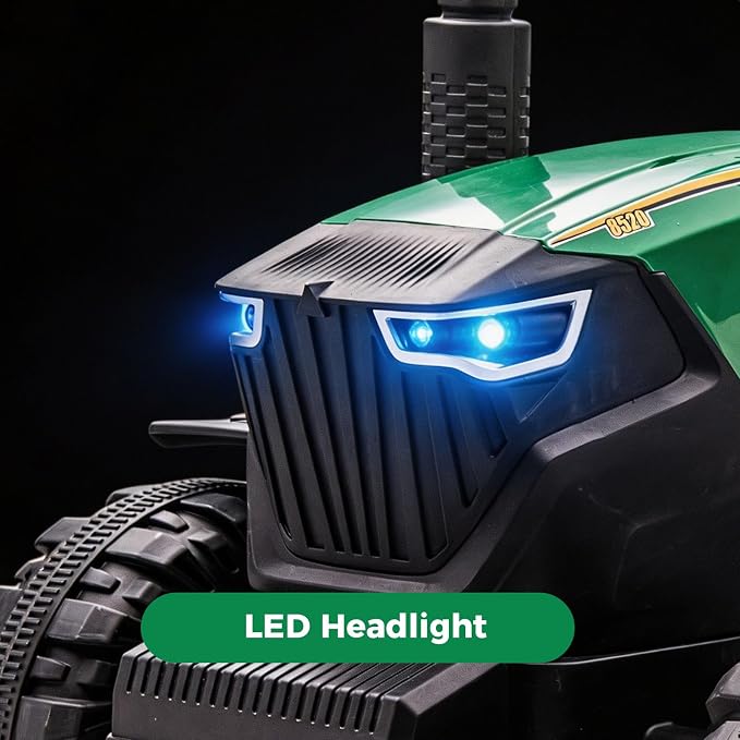 24V Kids Ride-On Tractor with Trailer, 400W Electric Farm Truck with Remote & Pedal Control, Headlights, USB MP3, Power Display, Adjustable Speeds, Safety Belt, Ride-On Toy Gift, Green