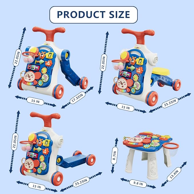 HYES 5 in 1 Baby Push Walker for Baby Boy, Activity Center Learning to Walk, Sit to Stand, Early Learning Push Toys for Infant 12 Months, Walking Toys Gift for Toddler Boys, Blue