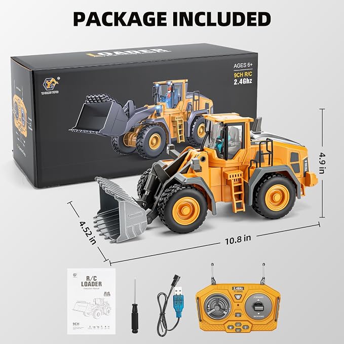 Metal RC Wheel Loader, 9-Channel Remote Control Construction Truck with Realistic Lights & Sounds, 1:20 Scale Rechargeable Engineering Toy for Boys Age 3-12, STEM Educational Gift