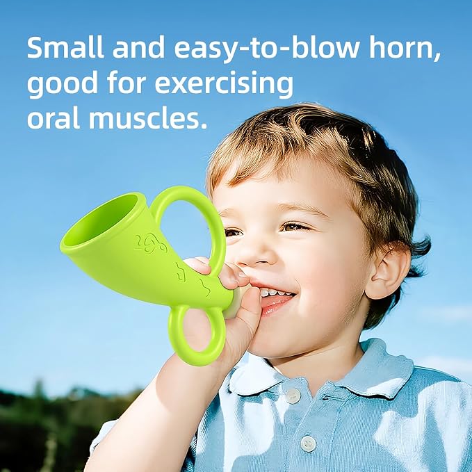 Baby Trumpet Toy 6-12 Months, Silicone Baby horn blowing toy with 2PCS yellow green for Teething Sensory play, Easy Grip Toddler whistle toys 0-6 Months Newborn Gift (Horn)