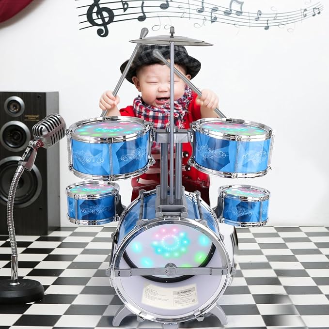 Kids Drum Set for Toddlers with 5 Jazz Drum Kit & Lights (Vibrating-Controlled) & Alloy, Musical Instruments Toys, Boys Gifts for Aged 1-3 3-5