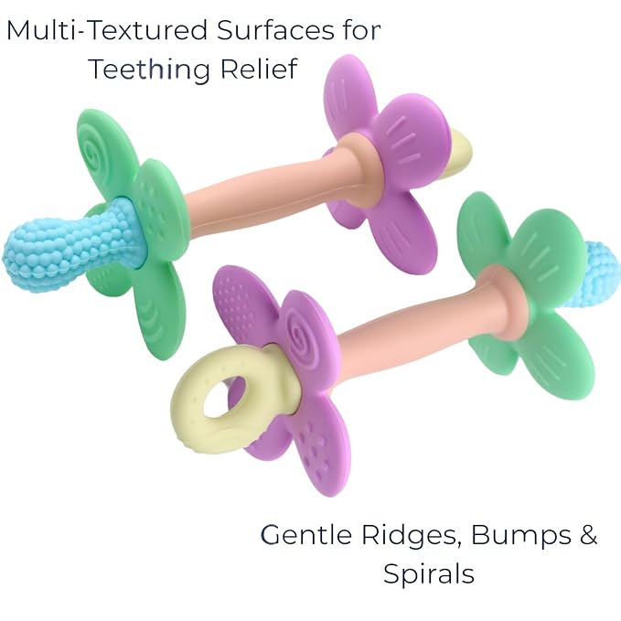 Silicone Teether Tube Stick for Babies – Textured Teething Toy with Grip Handle, Reaches Front Gums & Back Molars, BPA-Free, Easy to Hold - Pastel (Blue, Peach, Purple)