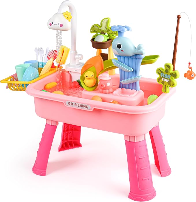 Upgraded Toddler Sand Water Table Toy with Electric Water Pump, Kids Sand Water with Faucet/Play Food Accessories/Fishing Toy, Kitchen Play Sink Toys for Girl Boy Age 3+ (Pink)