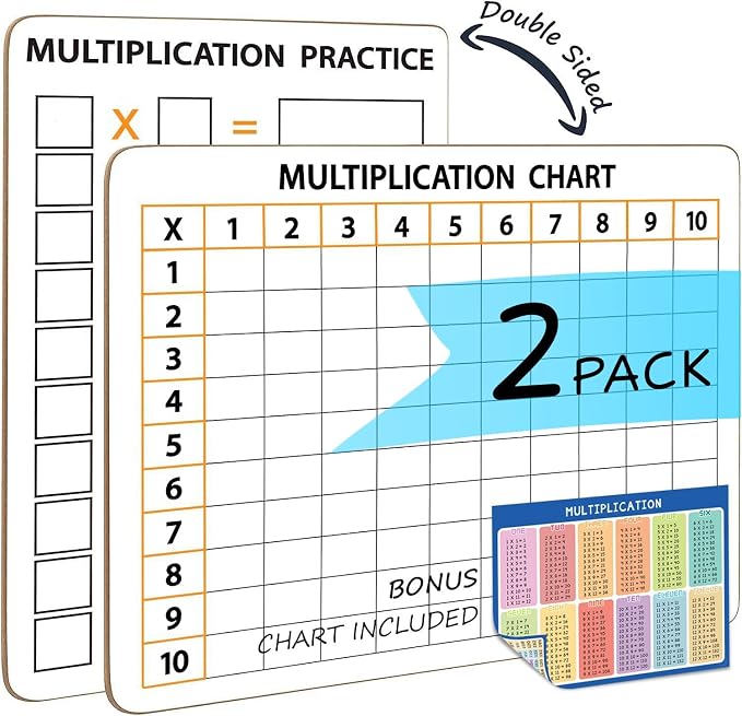 2 Pack Dry Erase Multiplication Chart Whiteboard 9" x 12" Multiplication Table l Double Sided Times Table Math Manipulatives White Board for Kids Students, Classroom and Home, Mini Whiteboard Lapboard
