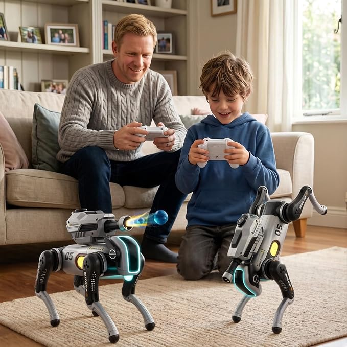Remote Control Robot Dog Toy with Safe Soft Projectile Launcher, Upgraded Stable RC Smart Puppy with 30+ Stunts, Smart Programmable Interaction, Screen-Free STEM Gift for Kids Age 6-12(White)