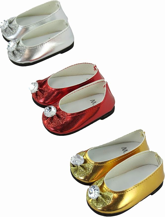 American Fashion World Red, Silver, and Gold Metallic Diamond Bow Flats for 18 inch Dolls | 3 Pack | Premium Quality & Trendy Design | Dolls Shoes | Shoe Fashion for Dolls for Popular Brands