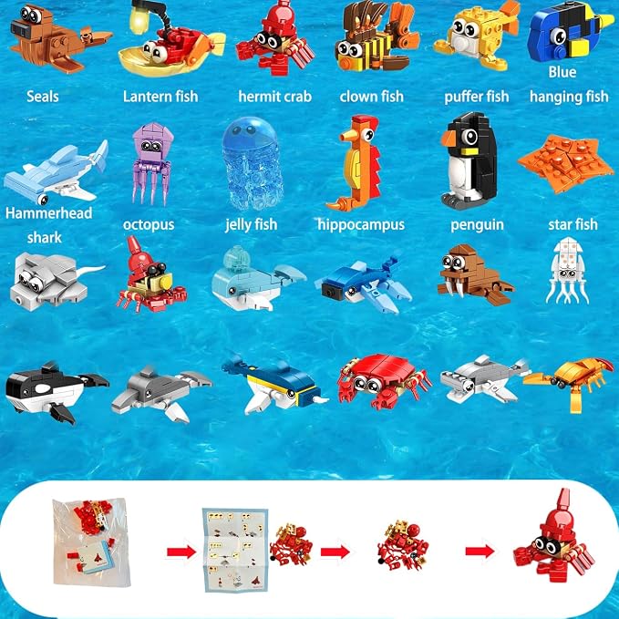 34 Packs Party Favors for Kids, Ocean Animal Building Blocks for Goodie Bags Stuffers Classroom Prizes, Valentines Day Birthday Gifts for Boys Girls Ages 6+