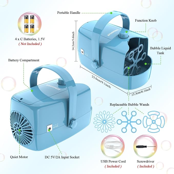Wisdomlit Bubble Machine, 3-in-1 Bubble Maker, Bubble Blower with 3 Bubble Wheels, Make Small | Medium | Big Bubbles for Kids Toddlers, Bubble Toys for Indoor Outdoor Birthday Party (Blue)