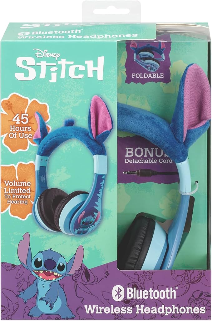 Disney Stitch Bluetooth Headphones for Kids, Wireless Headphones for School, Home or Travel