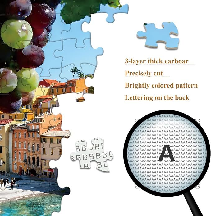 1000 Piece Jigsaw Puzzle for Adults, Summer Sea of Glass Puzzles | Italian Riviera Coastal Village with Grapes, Mediterranean Landscape Wall Decor & Travel Lover Gift, 27.56 x 19.7 Inches
