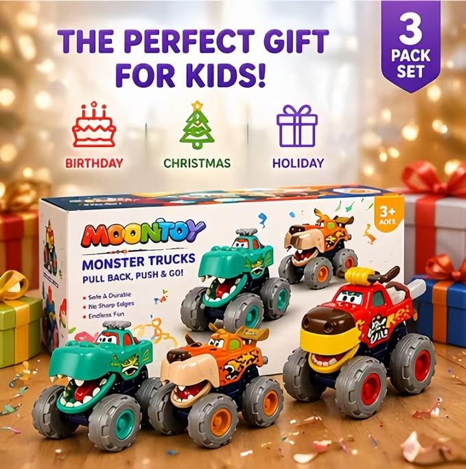 MOONTOY Toy Cars for Toddlers 1-3, 3 Pack Monster Truck Toys for 1 2 3 Year Old Boy Gifts, Baby Animal Play Vehicle Push Pull Back Truck for 12-18 Months 2-4 0-2 1-2 One Year Old Boy 1st Birthday Gift