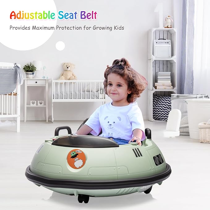 Ride On Bumper Car, 12V Electric Toddlers Car with Remote Control, Safety Belt, Music, Flashing Lights, 360 Degree Spin, Bumper Car for Toddlers,Kids,Green