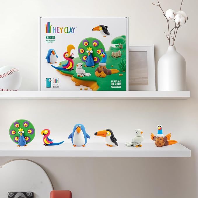 Hey Clay 15 Cans Set - Colourful Modelling Kids Air-Dry Clay 15 Cans with Sculpting Tools and Fun Interactive Instructions for Children Age 3+ (Birds)