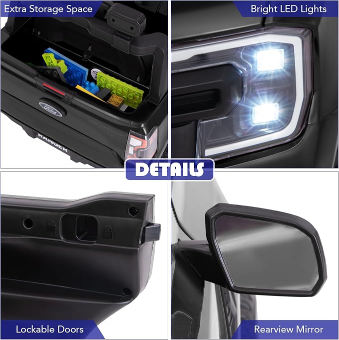 Licensed Ford Ranger Ride on Pickup Truck by INFANS, 12V Battery Powered Electric Vehicle for Kids with Remote Control, Headlight, Power Display, Bluetooth, MP3, Music, Aged 3-6 Years (Black)