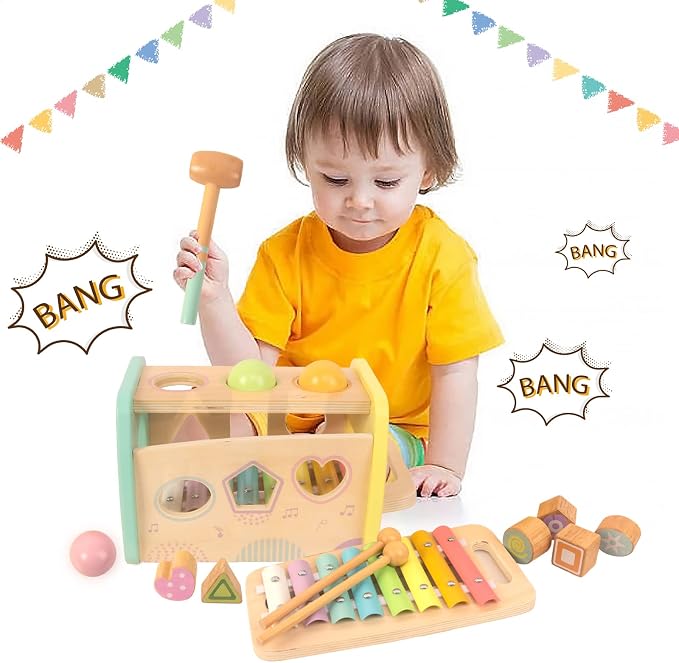 WOODENFUN Hammering Pounding Toys Wooden Educational Toy Xylophone Shape Sorter, Birthday Gift for 3 Years Boys Girls Baby Toddler Kids Developmental Montessori Learning Toy (Yellow)